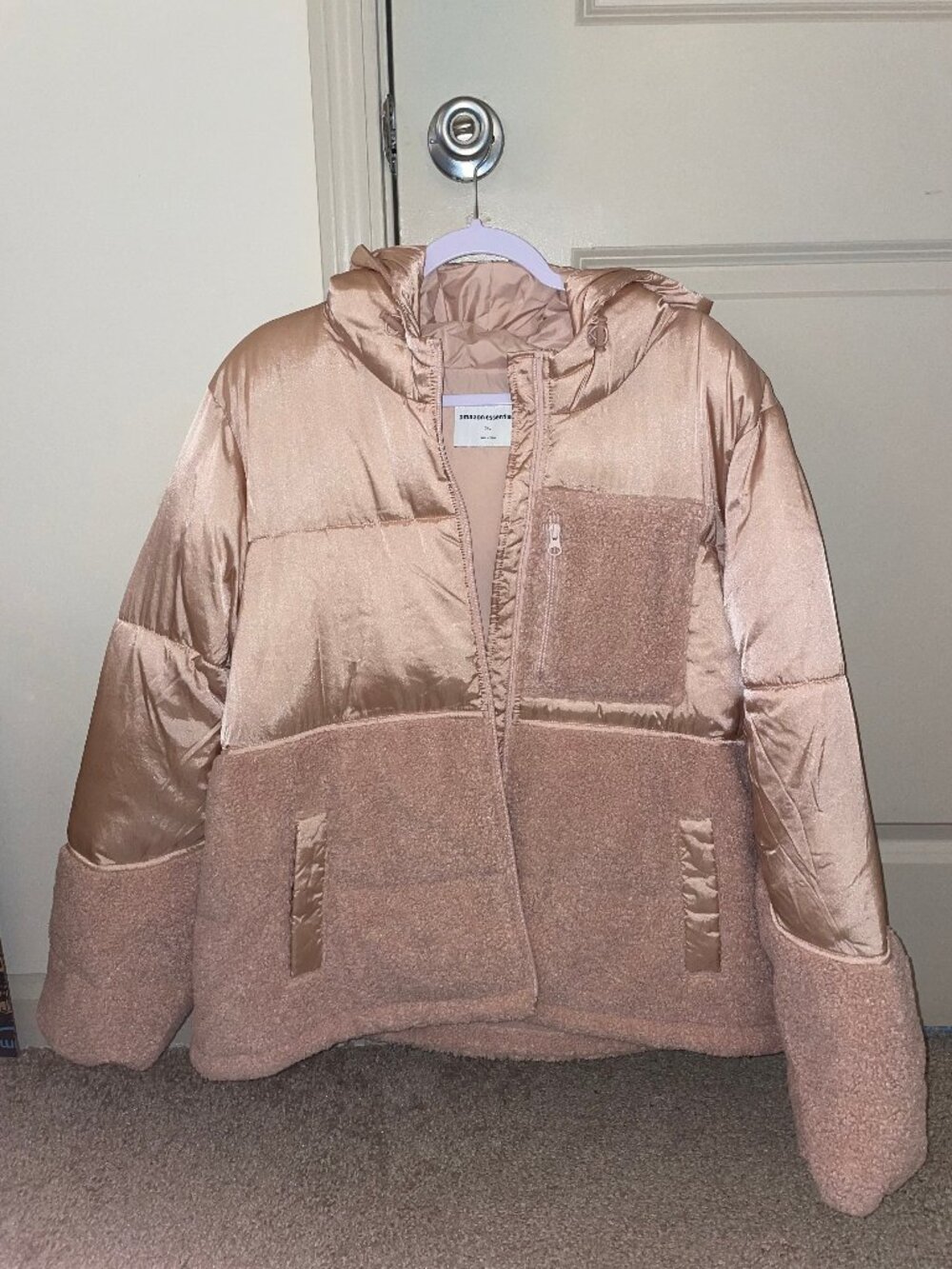 Women's Full-Zip Sherpa Fleece Hooded Puffer Jacket - Blush Pink